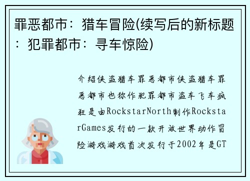 罪恶都市：猎车冒险(续写后的新标题：犯罪都市：寻车惊险)